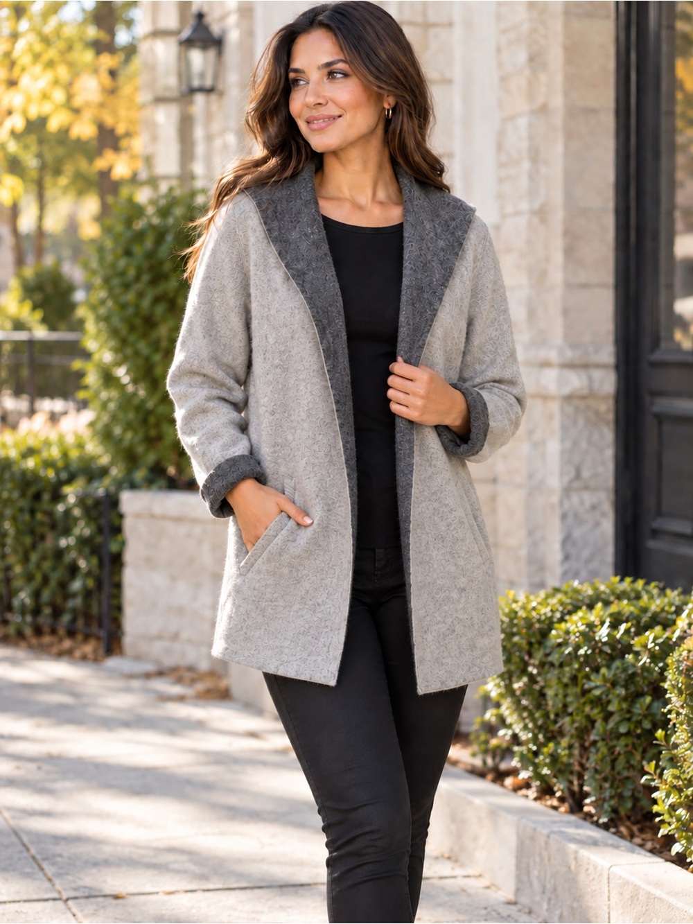 Cozy Two-Tone Gray Hooded Knit Cardigan / Jacket